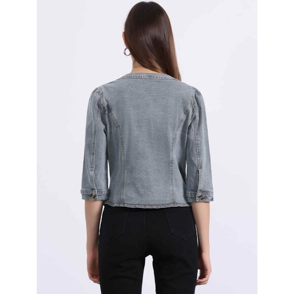 Women's Jean Jacket Slim Fit Casual Denim Jacket 3/4 Sleeves Outwear Gray - Picture 2 of 5